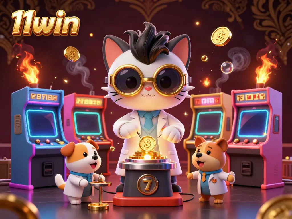Experience the excitement at 11win with a dynamic scene of a mad scientist cat and dog in a vibrant casino.