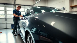Applying paint protection film near me on a luxury car in a bright garage setting.