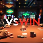 Exciting poker game at VSWIN casino with players and high-quality chips.