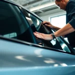 Find expert window tint near me being professionally applied to a modern vehicle.