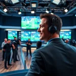 Experience Sports Broadcasting with dynamic analysts engaging in a modern studio setting.