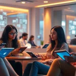 Engaging scene of users interacting with AI chatbots in a cozy digital cafe, highlighting the concept of crush on ai.