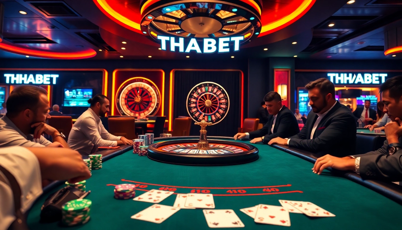 Players compete at a THABET blackjack table, showcasing excitement and luxury in the casino environment.