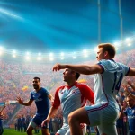 Exciting UEFA Champions League match illustrating Giải Bóng đá Vô địch các Câu lạc bộ Châu Âu with players in action and cheering fans.