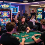 Exciting gaming atmosphere at TR88 nhà cái with players celebrating wins, showcasing a vibrant digital casino environment.