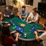 A group of friends enjoy playing poker online at home, showcasing an engaging moment on their devices with 27G platform features.