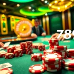 Engaged players at a 789f casino poker table with vibrant chips and cards.