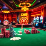 Experience excitement at the XXGG casino with vibrant tables, roulette wheels, and poker chips.
