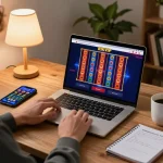 Engaged player exploring RIKVIP casino online on a laptop with vibrant slot designs and strategic notes.