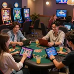Diverse players enjoying TG 88 online casino gaming in a vibrant lounge atmosphere.