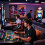 NK88 trang chủ showcasing vibrant online gaming platform with players enjoying various games in an exciting lounge setting.