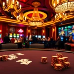 Exciting gaming atmosphere at RR88 featuring an elegant poker table, vibrant slot machines, and luxury ambiance.