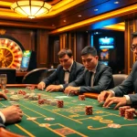 Bongdanet casino ambiance showcasing players at a poker table with vibrant chips and roulette wheel