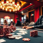 Players enjoying a thrilling game at 99win’s stylish poker table amidst a vibrant casino atmosphere.