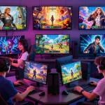 Engaged gamers playing adult games with diverse genres highlighting fantasy, romance, and interactive experiences.