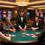 TV88 players enjoying a high-stakes poker game in an upscale casino atmosphere