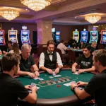Players enjoy exciting poker gameplay in a lively casino atmosphere at lc888, capturing the thrill of gambling.