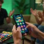 Engaging gameplay on the va88 casino app, showcasing hands holding a smartphone in a comfortable setting.