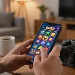 Engaging with GG88 SLOT on a mobile app in a cozy home setting with warm lighting