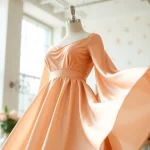Dresses Manufacturer showcasing an elegant silk dress in a bright showroom with natural light.
