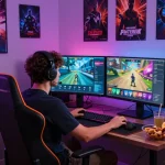 Gamer enjoying HH55 online games in an energetic home environment with vibrant lighting.