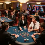 Experimente uma jogabilidade emocionante no 668bet com jogadores desfrutando de pôquer e roleta em um animado salão de cassino