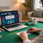 TG88 player strategizing in an online poker game from home, showcasing dynamic gameplay.