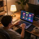 Cena envolvente de jogos online com a interface do cassino HH55 em um laptop, criando uma experiência de jogo aconchegante.