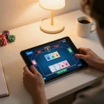Player engaging with sunwin online poker on tablet, showcasing vibrant cards and chips for a cozy home gaming experience.