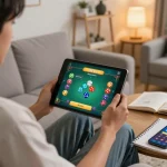 Mobile gaming with app tài xỉu online displayed on a tablet, player engaged in gameplay at home