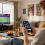 Person playing on the 12Bet app in a cozy living room with snacks and vibrant decor, showcasing modern online gaming.