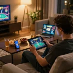 Player enjoying a live dealer game on 789BET tablet in a cozy home setting.