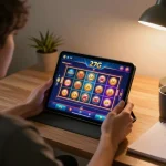 Engaging online gaming moment with player using the 27G app, showcasing excitement in a cozy home setting.