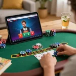 Um jogador desfrutando do jogo de blackjack AQ777 em um tablet em um ambiente aconchegante em casa