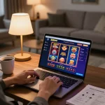 888NEW gaming setup showing a player focused on online casino slots in a cozy home environment.