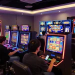 Engaged players enjoying JJNN's online slots, showcasing colorful interfaces.