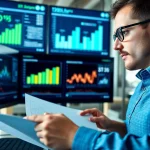 Engaging data analyst focused on new product demand forecasting insights in a modern office.