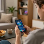 Usando o app 12Bet em um smartphone em uma sala de estar aconchegante enquanto desfruta de petiscos.