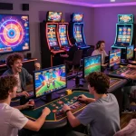 A group of players experiencing the excitement of AQ777 online gaming platform with colorful slot machines and interactive games in a cozy home environment.