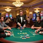 Players enjoying poker at LC88 com with colorful chips and dealer mid-action, creating an engaging atmosphere.