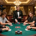 Engaging poker gameplay at a luxurious casino table, emphasizing the link Jun88 for casino enthusiasts