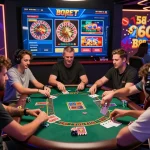 Players enjoying an exciting online blackjack game on 887bet platform, surrounded by vibrant casino graphics and promotional banners.