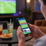 Soi kèo bóng đá action with sports betting app in hand, capturing exciting match odds and betting options.