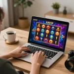 Jogador AAVIP desfrutando de jogos de slot online cativantes em casa com ambiente aconchegante e decoração estilosa.