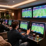 Go8 bettors placing wagers in a stylish sports betting lounge filled with excitement.