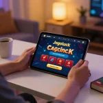 Engaging with Jogoluck's online casino app on a tablet, surrounded by a cozy gaming setup.