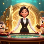 Win big with 88m com as a dealer engages players at a luxury baccarat table, vibrantly illustrated.