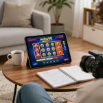 Nohu90 player engaging on tablet for online gaming in a cozy home setting