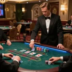 king33 engaging players at a live baccarat table with a professional dealer in a luxury casino setting