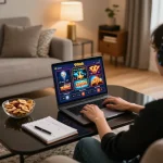 Engaged user exploring games on 99ok online casino on a laptop in a cozy home setting.